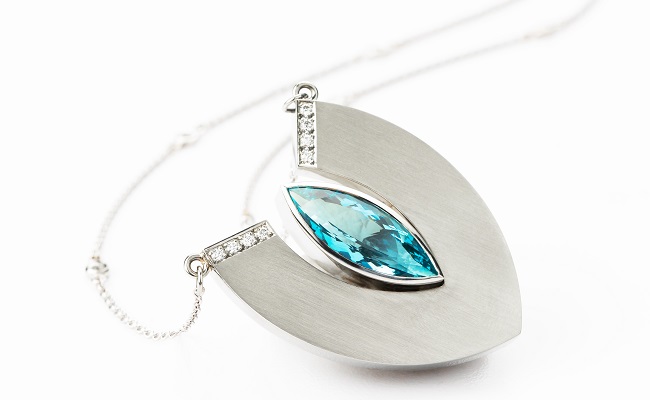 Aquamarine Marquise Pendant, in 19K white gold and diamonds, with diamond accented white gold chain.  Inspired by the icy blue icebergs floating in the glacier lagoon in Iceland visited by our Master Goldsmith.