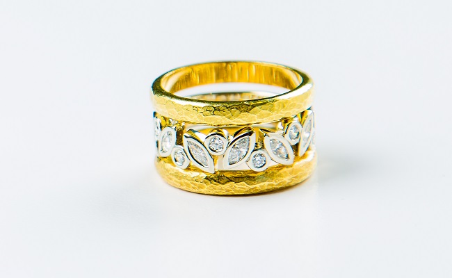 Marquis diamond band, with narrow hammered yellow gold bands