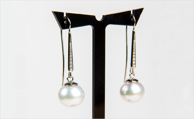 White gold and diamond Shepherd Hooks, with removable South Sea pearl enhancers