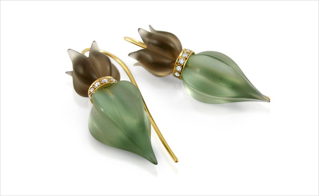 Carved prasiolite and smoky quartz Tulip Bud Earrings, punctuated with diamond rondelles