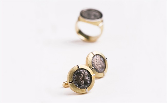 Handcrafted cufflinks in 18k yellow gold and 19k white gold, set with genuine ancient coins