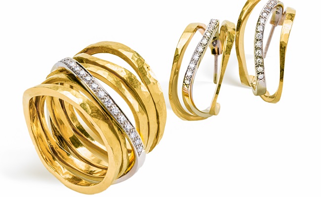 Pavé set diamond coil earrings in 18K yellow and 19K white gold.  Shown with matching ring.