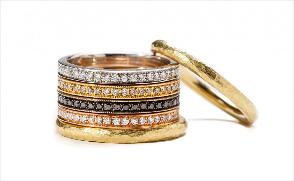 Stackable diamond bands in yellow, white and rose gold