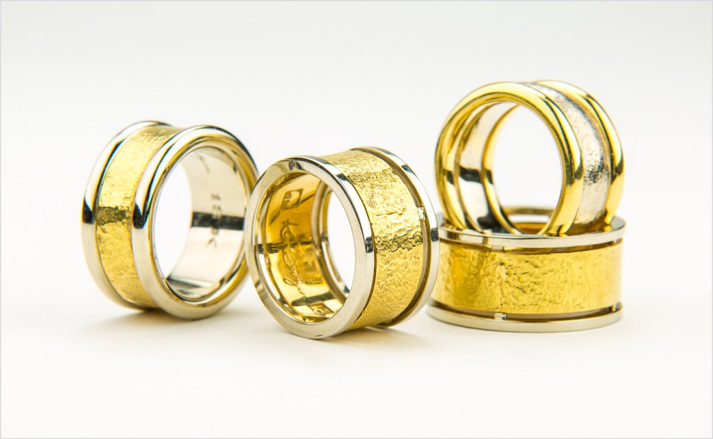Rings from The Hammered Collection, with polished rails