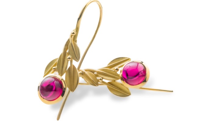 18K gold laurel leaf and rubellite cabochon earrings