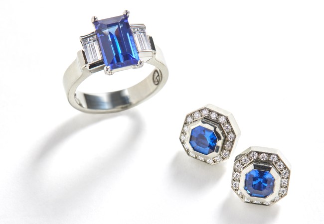 19K white gold ring with 3.17ct Tanzanite and baguette diamonds. Paired with sapphire studs with detachable diamond pavé jackets.
