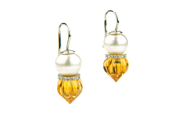 Carved Citrine Diamond & Pearl Earrings