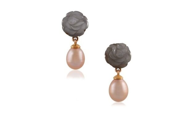 Carved Moonstone Earrings with Pearl Drops